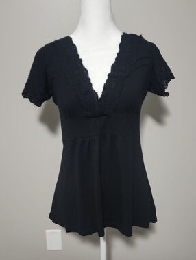 Vanity Black Lace Trim V-Neck Short Sleeve Top